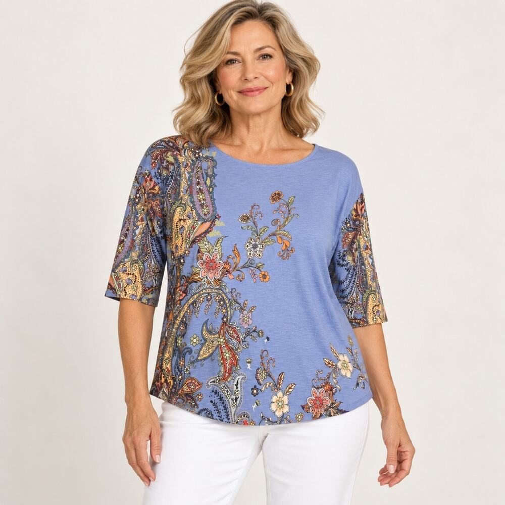 Chico’s Size XL Blue Paisley Floral Print Scoop Neck 3/4 Sleeve Top Boho Comfy 3